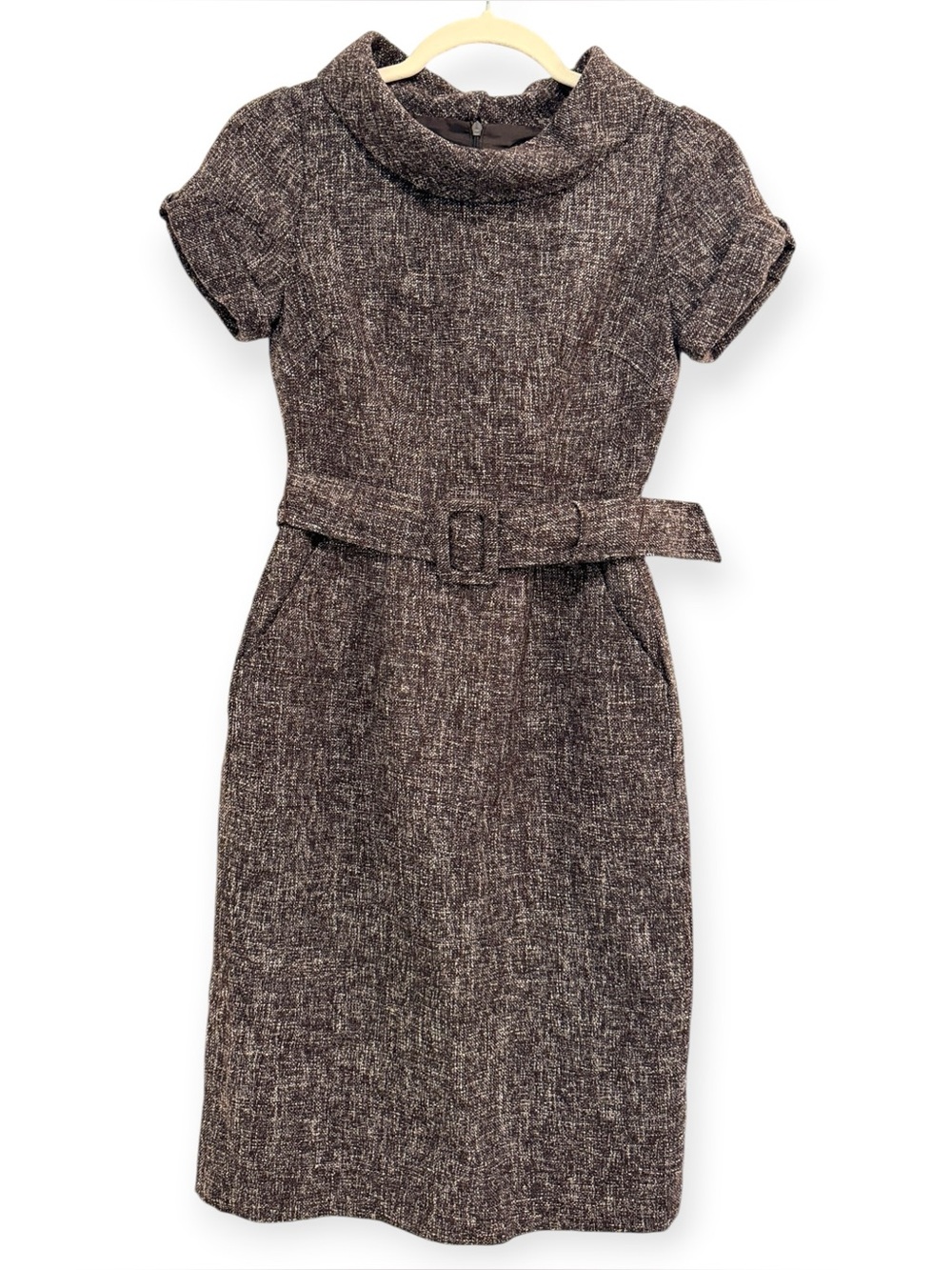 Banana Republic NWT Petite Brown Tweed Sheath Dress Collar Belted 00P Wool Blend